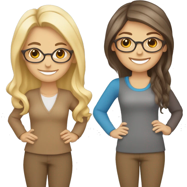 Smiling women, on the left side blonde with blue eyes and middle length straight hair and on tve right brunette with wavy hair, brown eyes and brown glasses, smiling and holding hands emoji