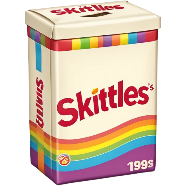 A retro 90s American Skittles package with tape on it, nostalgic design, classic rainbow styling from the 1990s emoji