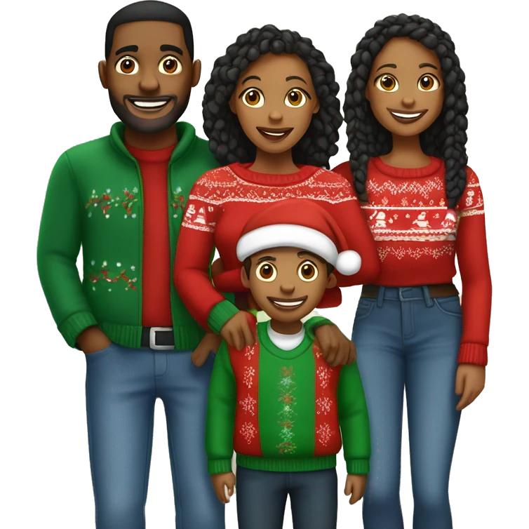Black family of four members with Dad, Mom, Son, and Daughter. The Son and Daughter are teenagers. The Mom has braids. The Dad is light skinned.All family members are wearing Christmas sweaters and Santa hats.  emoji