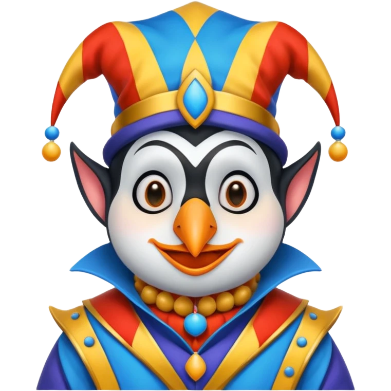 crazy colorful cute penguin jolly joker, medieval, vintage, court jester, mac os icon, blue color emoji