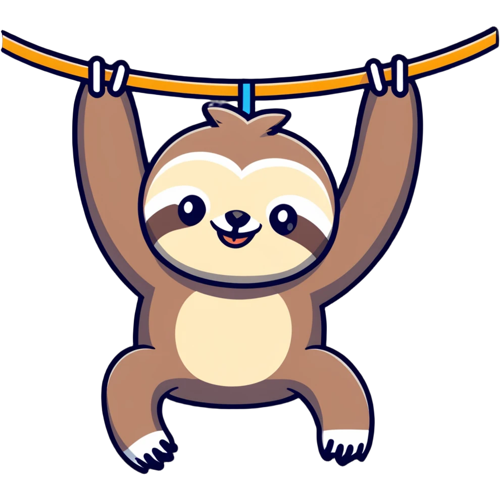 Adorable sloth hanging upside down with goofy smile emoji