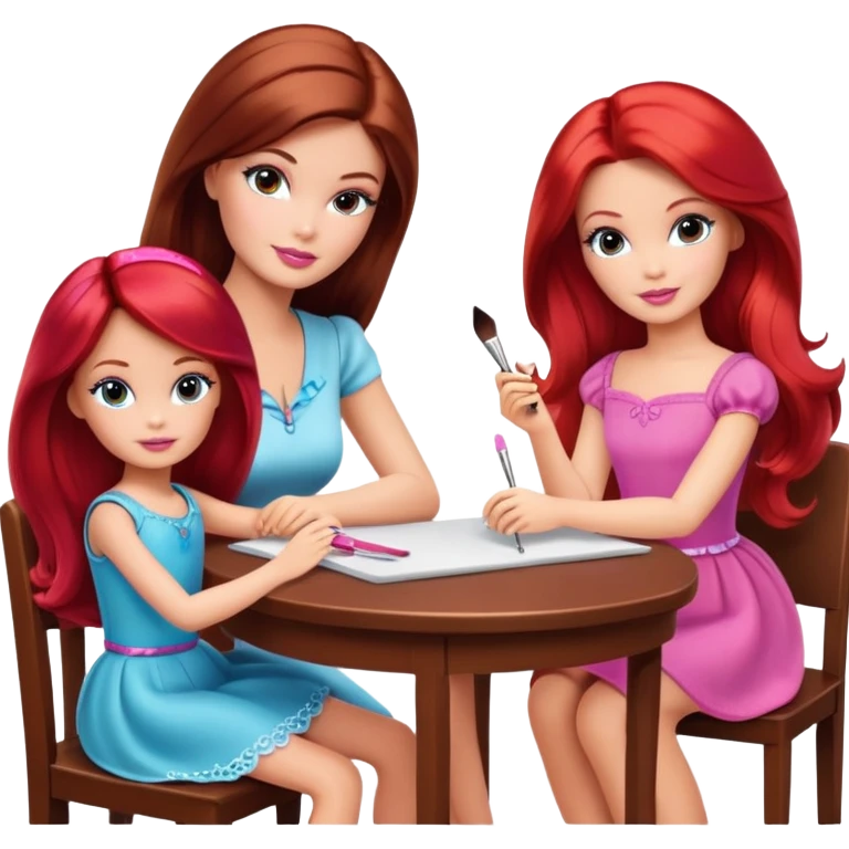 A Barbie girl with makeup, with long dark brown hair, with a child, a daughter with red hair, sitting at a table emoji
