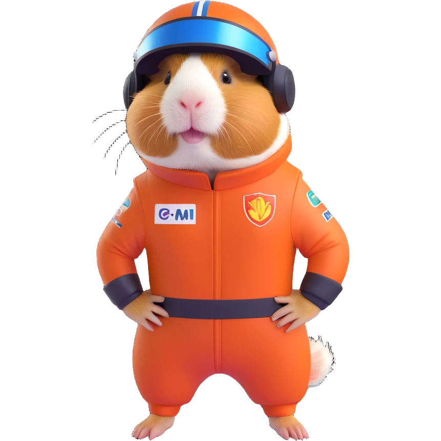 adorable guinea pig dressed in a Formula 1 racing suit and helmet, full body, cheerful expression emoji