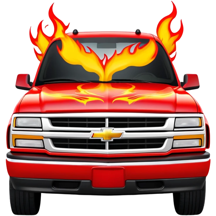 1997 yellow Chevrolet Silverado with detailed custom airbrushed red flame artwork spreading across hood and front, movie-accurate Kill Bill design, 30-degree angle, iOS emoji style emoji