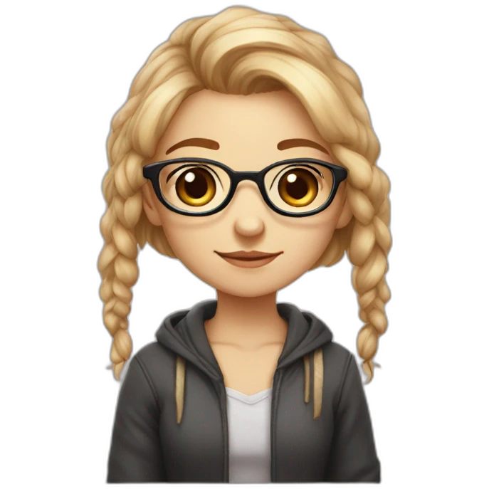 Cute girl with rus hair with glasses and steel brackets on teth eat sinabone emoji
