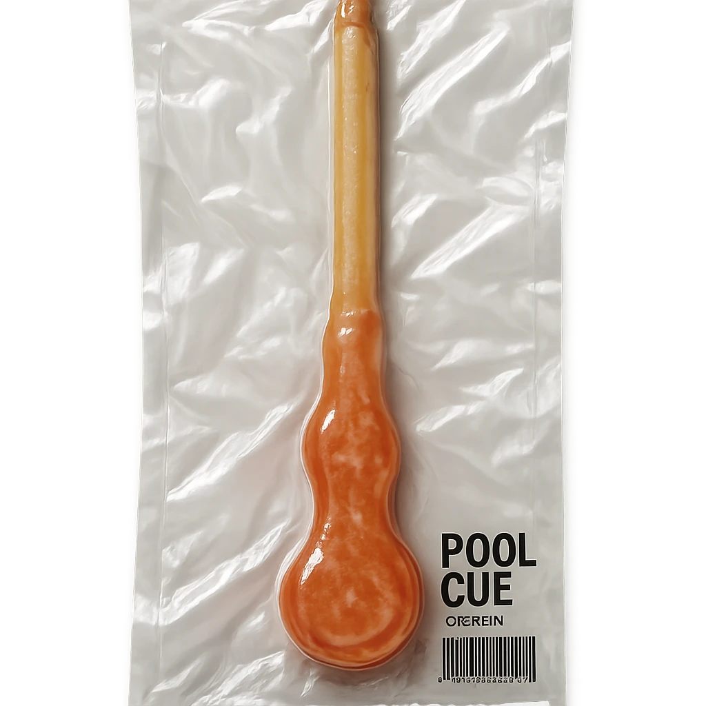 full-size pool stick (cue) viewed from above, retro 90's toy style, natural wood colors, semi-transparent, soft plastic, soft and squishy texture, some cloudiness, a bit shiny, highly detailed, appealing, no eyes, no tape emoji