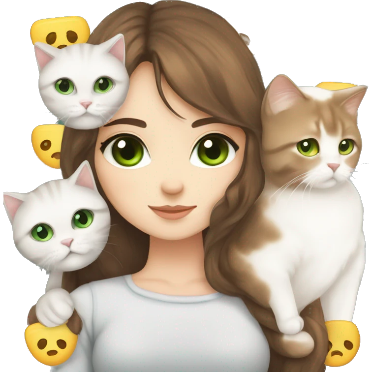 Beautiful girl with brown hair, and brown eyes.  hug Scottish fold cat, white cat with green eyes  emoji