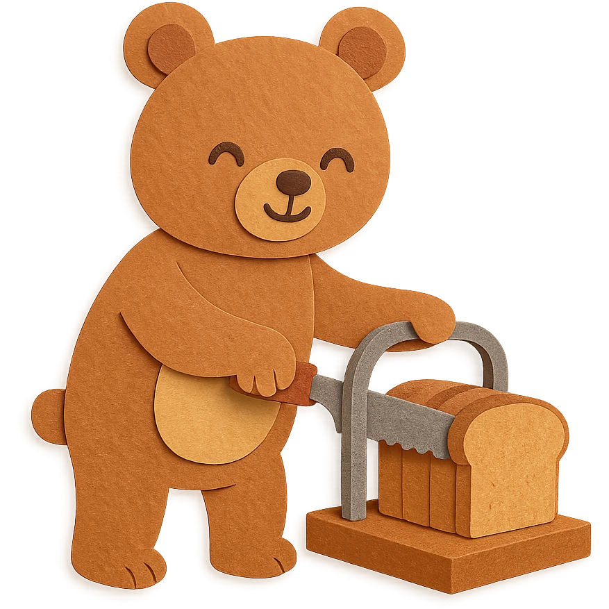 warm-toned bread slicer bear slicing bread, happy soft eyes, full-body emoji