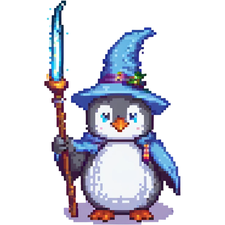 penguin wizard casting a spell, pixel art style emoji