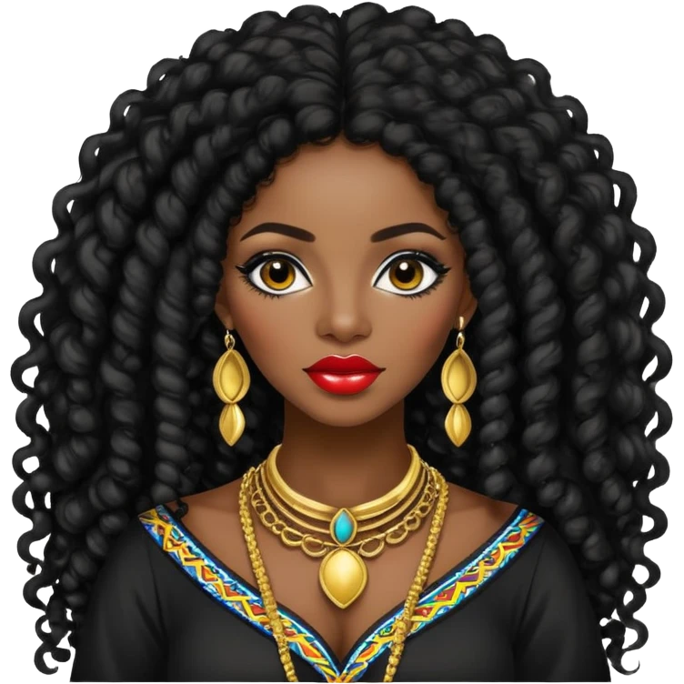 Afro Colombian, pretty lips, colombian clothes, dark skin, long black curly hair, jewelry, pretty bratz baddie, black eyeliner emoji
