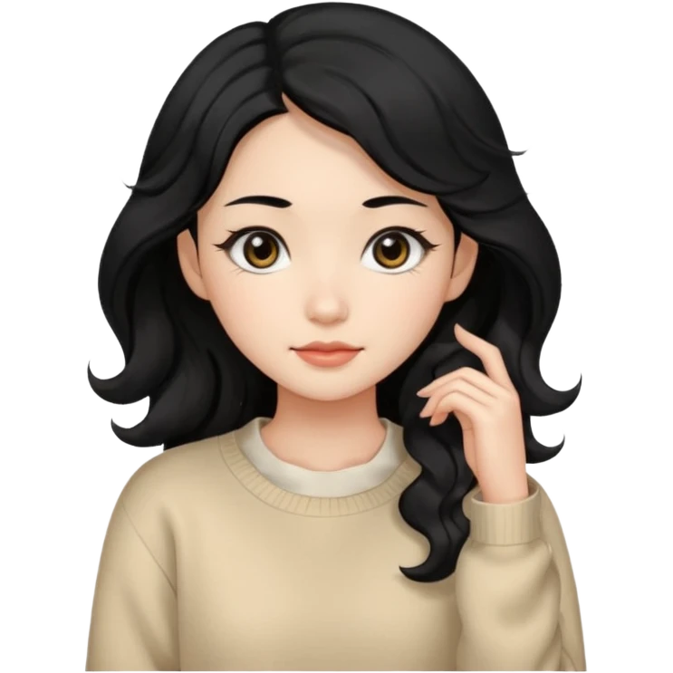 Beautiful girl,Black hair, wavy long hair,Black eyes,Chinese, beige sweater  emoji