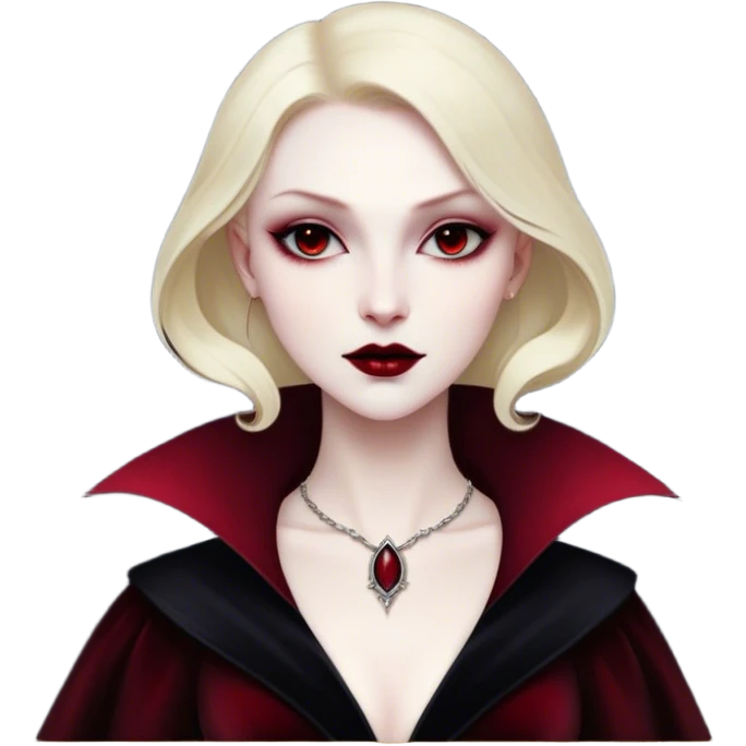 Cinematic Noble Vampire Portrait Emoji, Elegant and commanding, with a refined, pale visage framed by dark, velvet accents and a hint of crimson, exuding timeless seduction and dangerous allure, simplified yet exquisitely detailed, glowing with a soft nocturnal radiance and a subtle, mysterious outline that captures the regal spirit of an immortal lord of the night! emoji