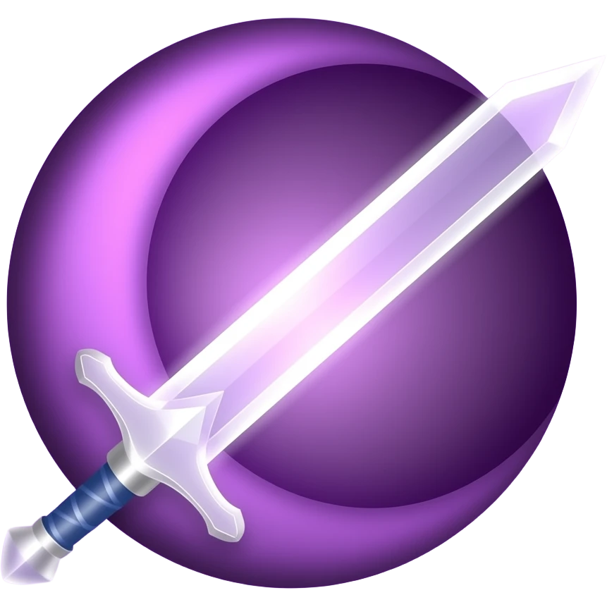 Glowing dark purple detailed crescent moon with an elegant detailed glowing transparent sword, emoji style. The sword is positioned so that the blade points away from the moon and the hilt faces toward the moon (blade facing outward, not toward the moon). Soft violet and pink glow emoji