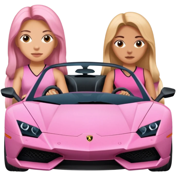 Make car far away so I can see full car Car facing forward in sports car. Make hair long  two girls in car far away Front of car sitting in the seats. Make it a pink sports car. They are two baddies make it a Lamborghini pink car  emoji