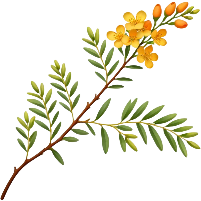 A delicate acacia flower with soft petals and vibrant colors, blooming on a slender branch with green leaves emoji