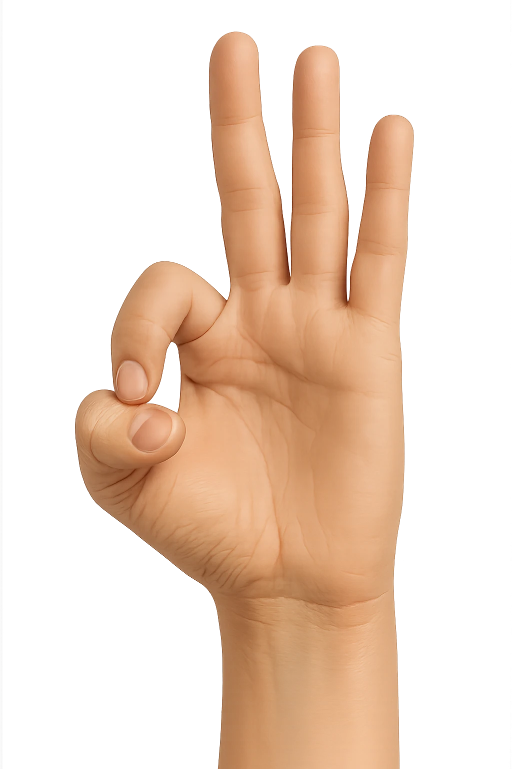 a neutral color hand in the same pose as the 👌 emoji, but with the index finger tightly curled inward like a hook, pointing downward, and the thumb resting across and over the curled index finger (not forming a circle or opening). The middle, ring, and pinky fingers are extended upright, clear details, transparent background emoji