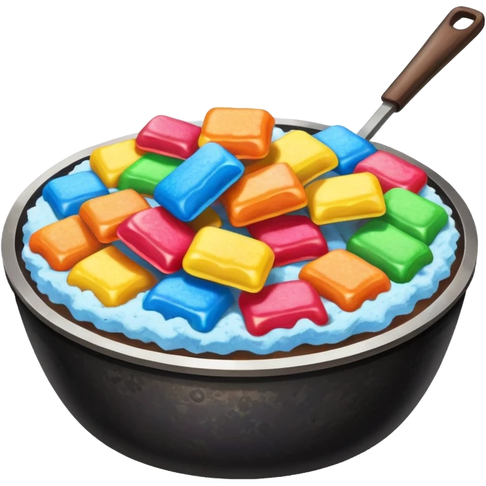 Blackstone grill with pile of mashed up rainbow candies and hibachi flippers emoji