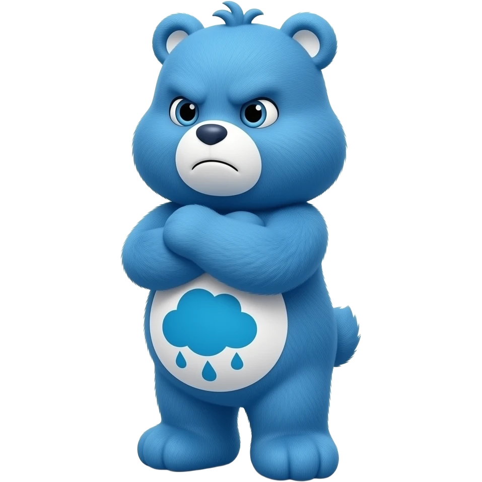 3D render PNG of grumpy bear from Care Bears. Blue fur with white belly and a blue rain cloud in his stomach; crossing his arms and looking to the side emoji