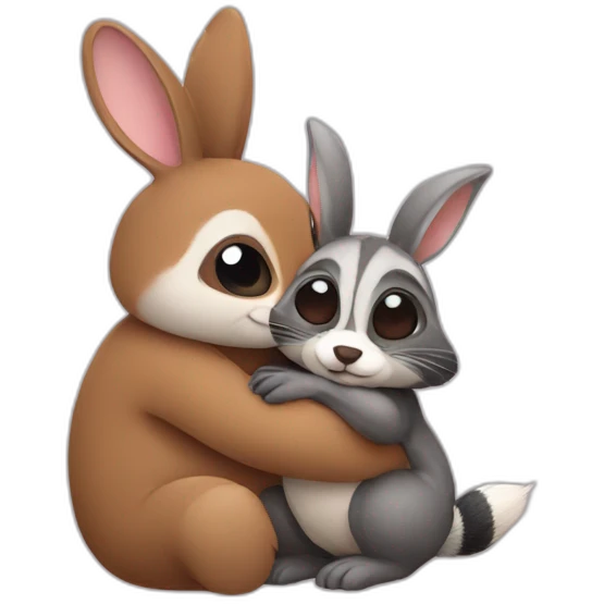 bunny tightly hugs raccoon emoji