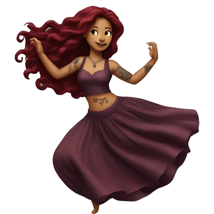 Beautiful tattooed burgundy long haired woman dancing emoji