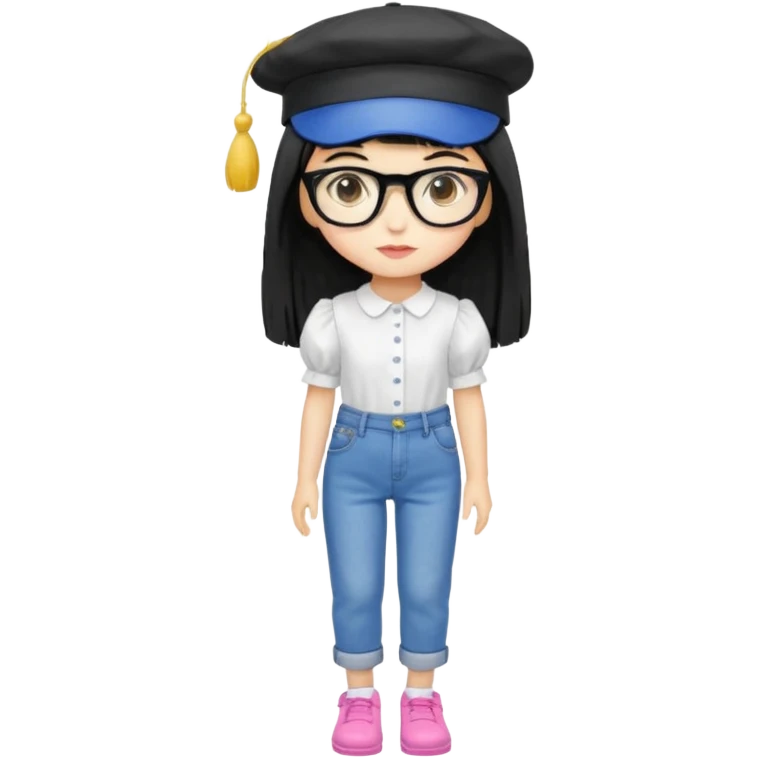 A yellow-skinned girl with long straight black hair, flat bangs, black frame glasses, a white puffy sleeve doll shirt, blue spacious jeans and pink shoes, and a black painter's hat，no yellow spikes. emoji