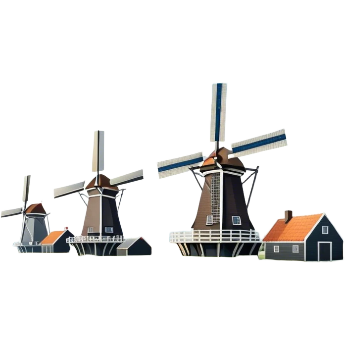 Cinematic Realistic Kinderdijk Windmills Landmark Emoji, depicted as a row of classic Dutch windmills set against a serene sky rendered with detailed textures and soft natural lighting. emoji