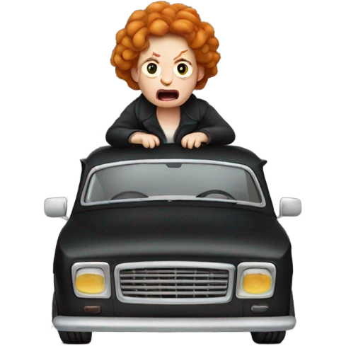 An angry ginger woman in a small old black car  emoji