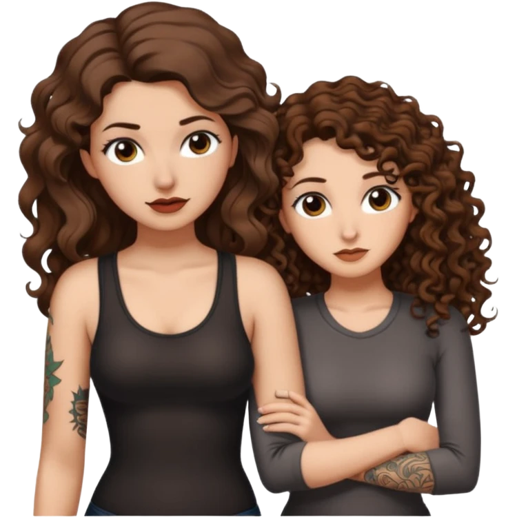 whisper plan — long wavy brown hair tattooed woman and short tight curly brown hair woman — leaning close plotting emoji