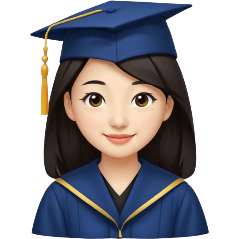 带着学士帽的，深棕色长发，黄种偏白皮肤的，高鼻梁，不戴眼镜的女博士生，在单只眼眨眼并开朗的笑，年龄26岁，学士服全身深蓝色短绒质地，但是黑领子， emoji