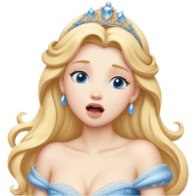 Cinematic Realistic Yawning Cinderella Portrait, showcasing lifelike porcelain skin and intricately detailed golden-blonde hair styled flawlessly as she mid-yawn reveals a moment of tender vulnerability. Her half-closed blue eyes and relaxed expression are rendered with natural, soft lighting that emphasizes the subtle textures of her face and the detailed, flowing fabric of her iconic gown. The scene glows with a cozy, authentic warmth that captures a rare, intimate moment of repose. emoji