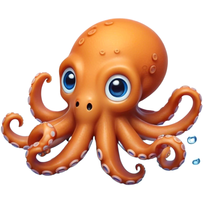 Cinematic Cute Octopus Portrait Emoji, Head tilted playfully and inquisitively, featuring a rounded, light orange body embellished with playful blue rings, eight adorably curling arms, and big, twinkling eyes full of wonder, Simplified yet irresistibly adorable features, highly detailed, glowing with a warm, inviting underwater glow, high shine, affectionate and lively, stylized with a touch of whimsical cartoon charm, soft glowing outline, capturing the essence of a mischievous yet loving octopus that seems as if it could bob out of the screen into your arms! emoji
