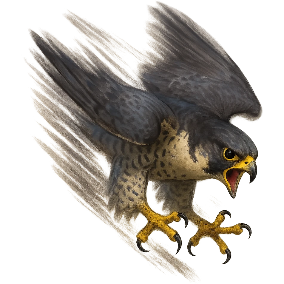 A falcon crashing toward the ground, beak open, talons out, intense expression, motion blur, no background emoji
