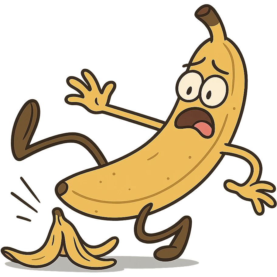 A banana slipping on a peel, cartoon style, funny expression emoji