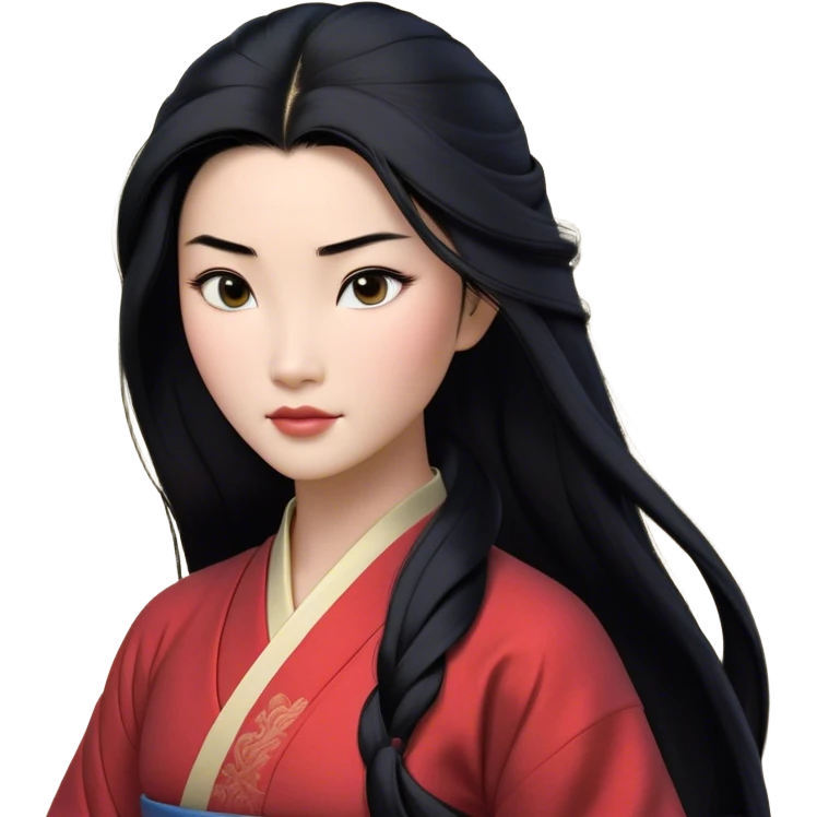 Cinematic Realistic Mulan Portrait, depicted with lifelike skin texture, soft natural lighting, and intricately detailed long black hair styled elegantly. Her deep, expressive eyes exude determination and grace, complemented by a serene yet confident expression. She is dressed in her classic attire, with rich fabric textures and delicate folds that catch the light beautifully. The portrait features a soft, enchanting glow with a natural, radiant finish, capturing the essence of timeless strength and beauty in a realistic and painterly style, evoking a sense of depth and authenticity. emoji