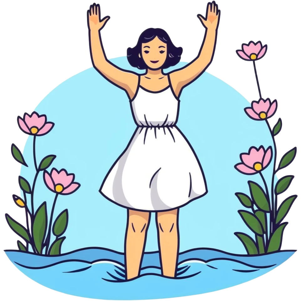 Ophelia floating in water surrounded by flowers, woman in dress with arms outstretched, based on the famous painting by John Everett Millais emoji