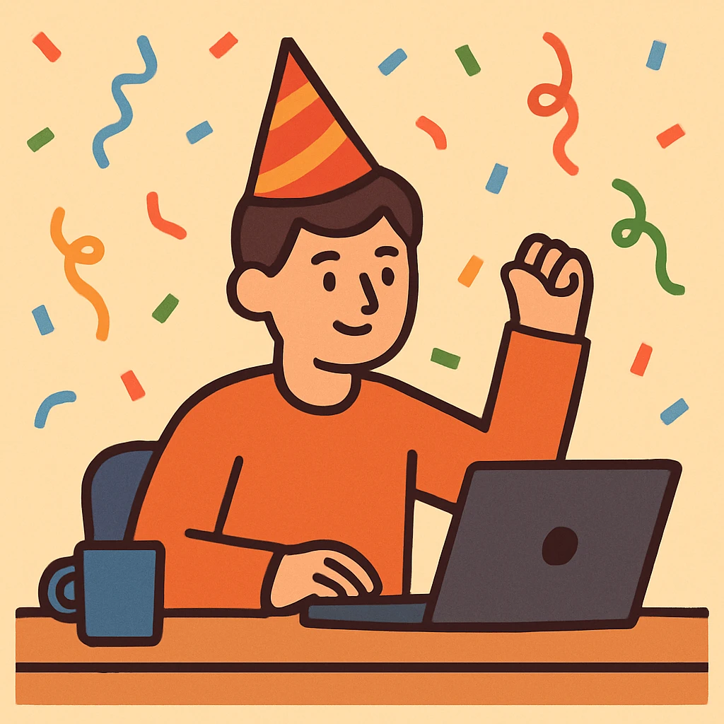 flat toon style person at desk with party hat, confetti in background emoji