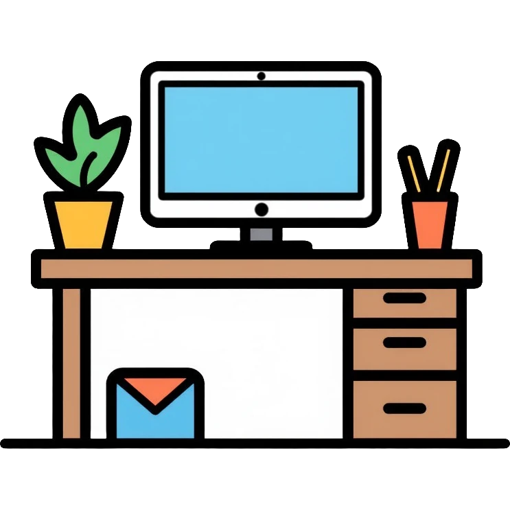 Clean and organized workspace desk with a computer monitor and a small potted plant, minimal clutter, organized office supplies emoji