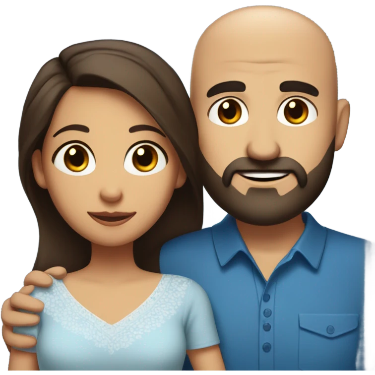 Comforting hug from brunette Puerto Rican with dark brown eyes wearing a cute blue blouse to short, bald man with brown eyes and a beard emoji