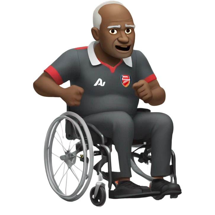 old black bald man with a round belly in wheelchair. angry face. grey stubble. he is pointing finger in front. wearing Arsenal soccer shirt. a speech bubble with the word: "Mojdeh!" emoji