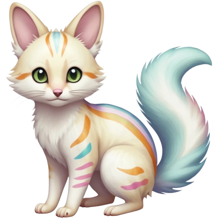  cute adorable white albino fur with random colorful iridescent markings beautiful elegant pretty precious cute  Fakémon-Pokémon-alien-opossum-feline-serval-caracal-chinchilla-Minccino-hybrid-creature with a big fluffy bushy striped tail (full body) emoji