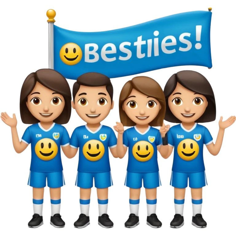 Make 5 decent characters include 4 girls and 1 boy and mentioned there names on there jersey ist husna, tuba, maleeha,alishba and boy Talha also smiley.creat a sign board and a besties off UOM and the  sign board takes by boy in his hand emoji