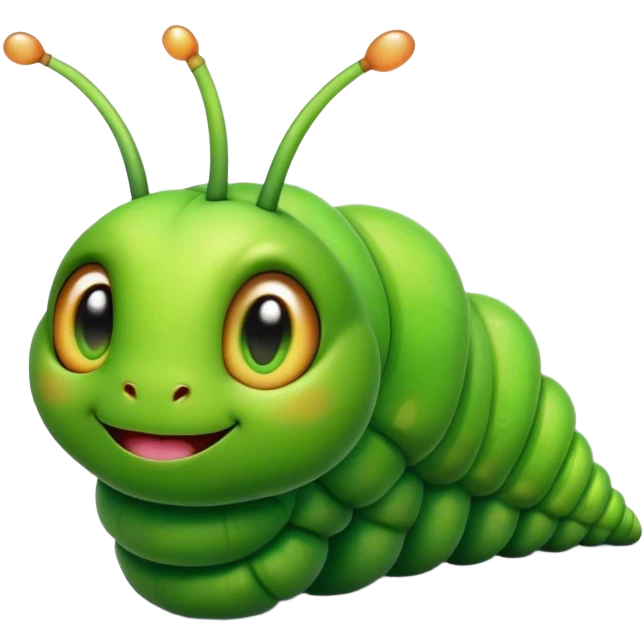 Cinematic Realistic Cute Caterpillar Portrait Emoji, Head tilted playfully and inquisitively, featuring a compact, segmented body in bright, vibrant green with delicate, inviting textures and a charming, rounded face with sparkling eyes full of curiosity, rendered with lifelike detail and natural highlights, high shine, affectionate and spirited, styled with a touch of garden whimsy, soft glowing outline, capturing the essence of a mischievous yet lovable caterpillar that seems poised to crawl cheerfully into your arms! emoji