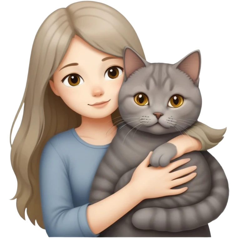 A long-haired girl hugs a British shorthair cat with a brown gradient to light yellow color emoji