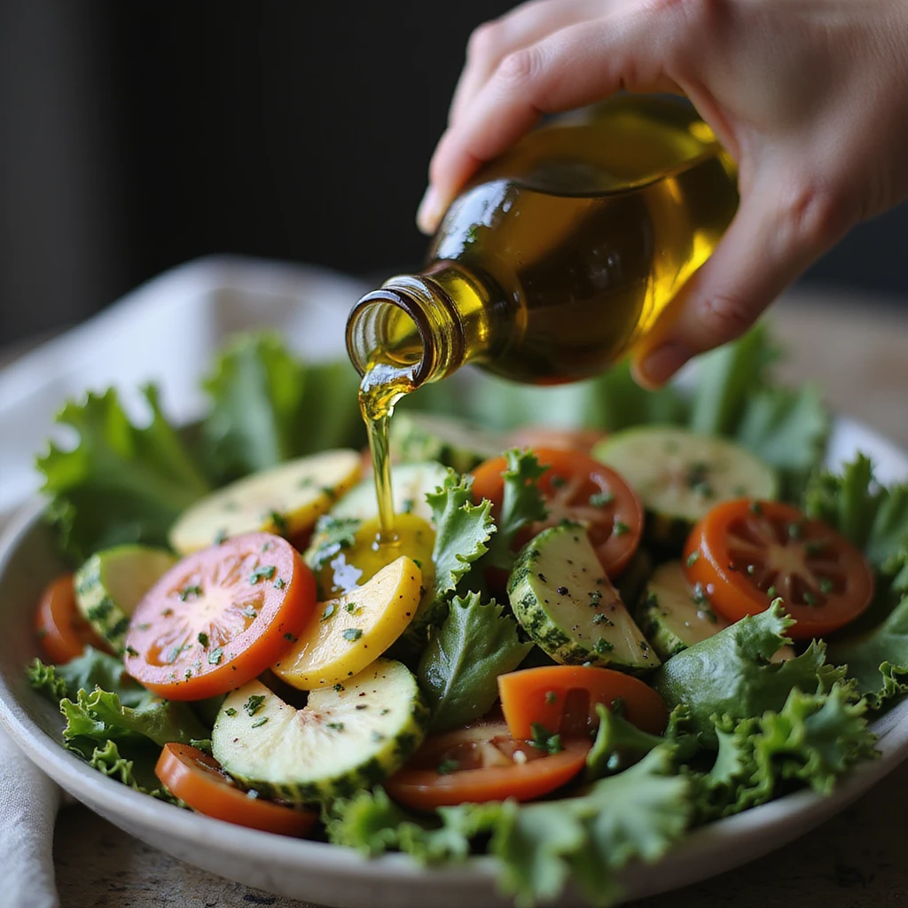 close-up of a hand pouring extra virgin olive oil on a fresh vegetable salad, Mediterranean atmosphere, realistic details, blurred background emoji