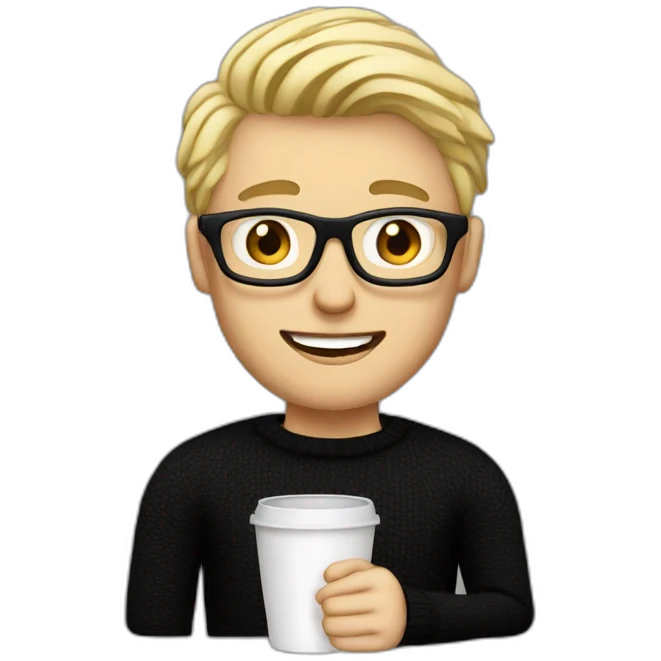 Blonde man in black jumper with clear glasses holding a white coffee cup emoji