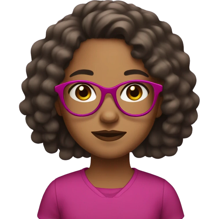 Girl with long curly black hair and brown skin and dark brown eye color and small fuchsia round glasses  emoji
