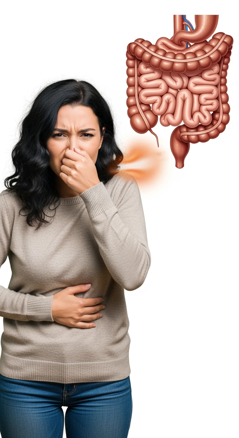 DONNA CHE SI TIENE LA PANCIA CON LA MANO E SI TAPPA IL NASO PER LA PUZZA, INTESTINO UMANO ANATOMICO IN EVIDENZA, ISOLATA SU SFONDO BIANCO emoji