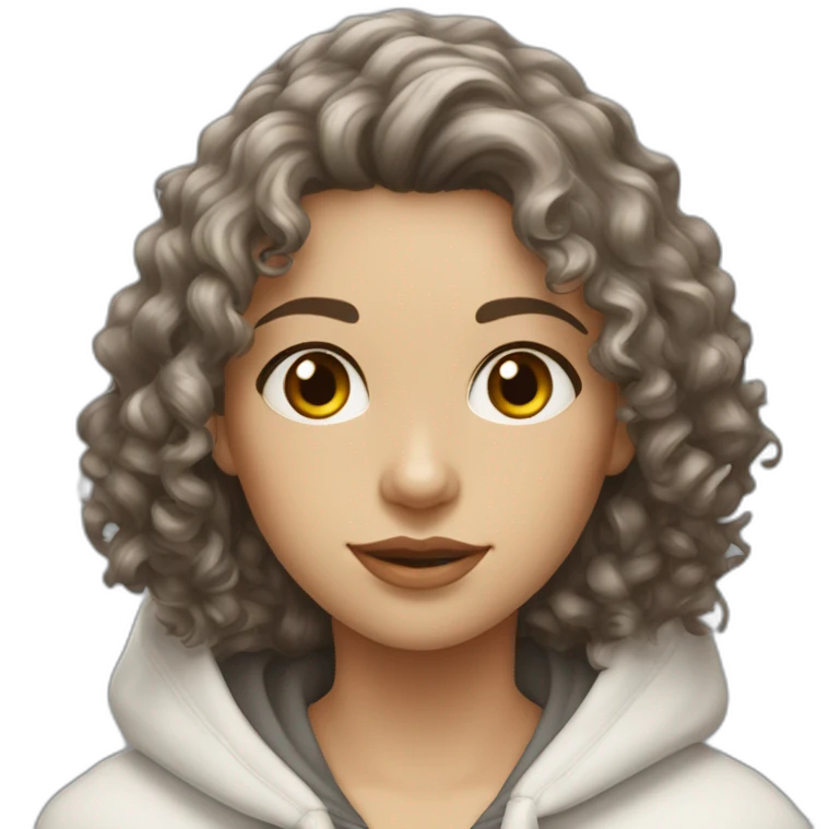 Brunette wavy medium curly hair with hazel eyes white wearing a hoode emoji