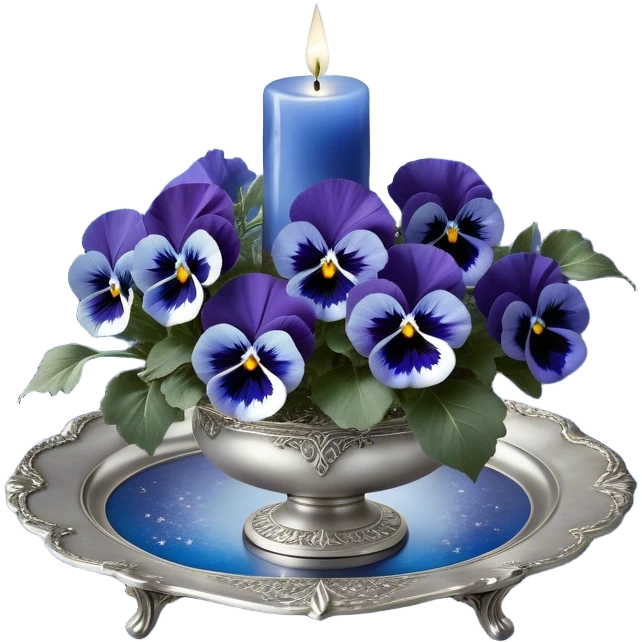 A mesmerizing nighttime scene featuring a cluster of vibrant blue pansies bathed in soft moonlight. In the background, a luminous silver crescent moon hangs low in the sky, partially veiled by delicate wisps of mist. A round, decorative candle in a shimmering pearl color rests on an ornate silver tray, its gentle glow casting flickering reflections on the surrounding petals. Tiny fireflies dance in the air, adding an ethereal touch, while a few scattered crystals glisten among the flowers. emoji