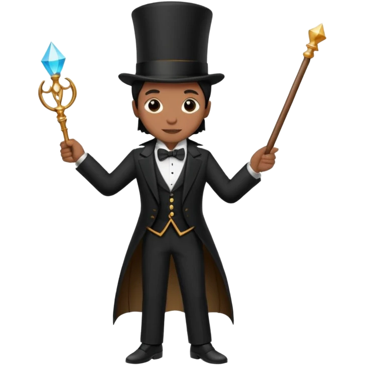 Stage magician in tuxedo holding magic wand emoji